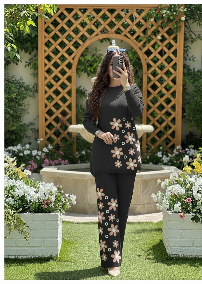 Drop Shoulder Side Printed Fleece Top & Printed Fleece Trouser