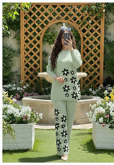 Drop Shoulder Side Printed Fleece Top & Printed Fleece Trouser